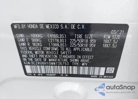 2021 Honda Hr-V Awd Sport из США, поврежденный, VIN 3CZRU6H10MM736753